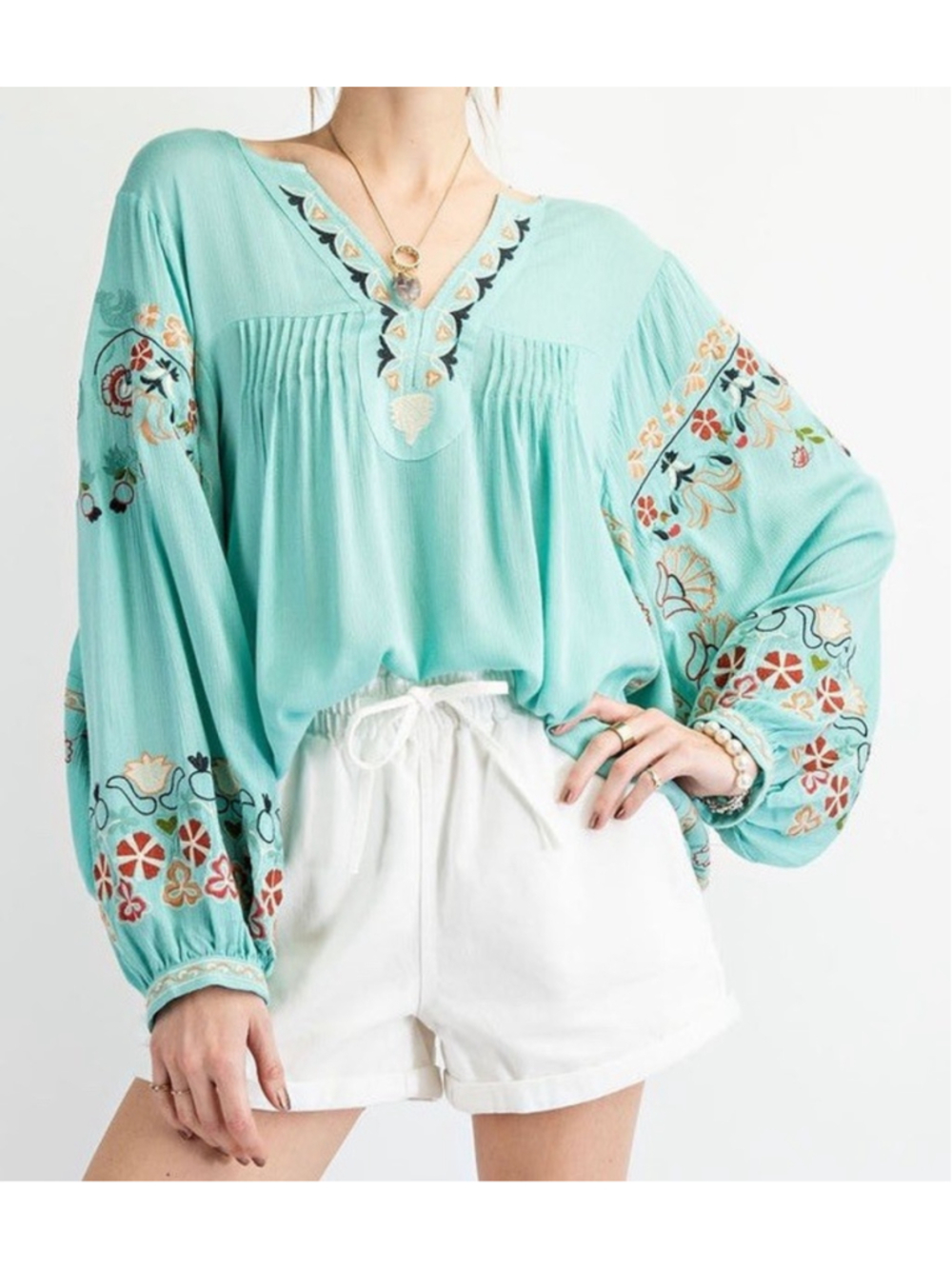 Easel Los Angeles Embroidered Boho Peasant Top Aqua Turquoise Cotton Tunic Large